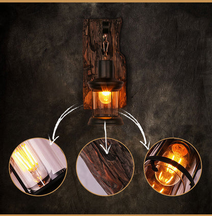 LichtGlas - Zylinder shaped wall lamp with glass, iron and wooden base