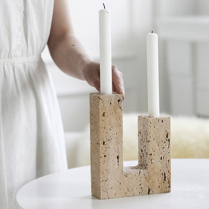 Abstract Dual Travertine Taper Candlestick Holder