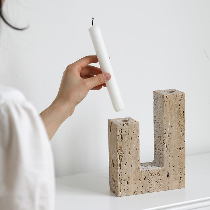 Miravique Dual Travertine Taper Candlestick Holder