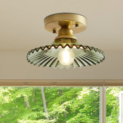 Industrial Semi-Flush Ceiling Lamp with Green Ribbed Glass Shade