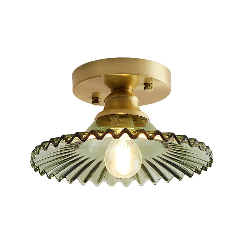 Industrial Semi-Flush Ceiling Lamp with Green Ribbed Glass Shade