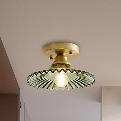 Industrial Semi-Flush Ceiling Lamp with Green Ribbed Glass Shade