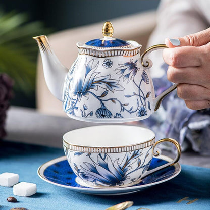 English Blue Floral Porcelain Tea for One Set with Saucer