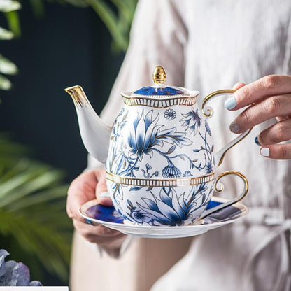 English Blue Floral Porcelain Tea for One Set with Saucer