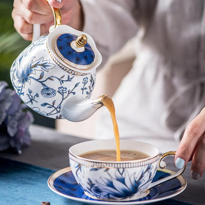 English Blue Floral Porcelain Tea for One Set with Saucer