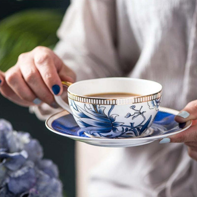 English Blue Floral Porcelain Tea for One Set with Saucer