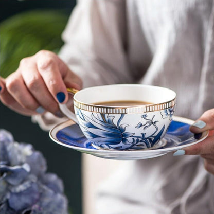 English Blue Floral Porcelain Tea for One Set with Saucer