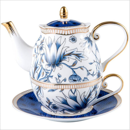 English Blue Floral Porcelain Tea for One Set with Saucer