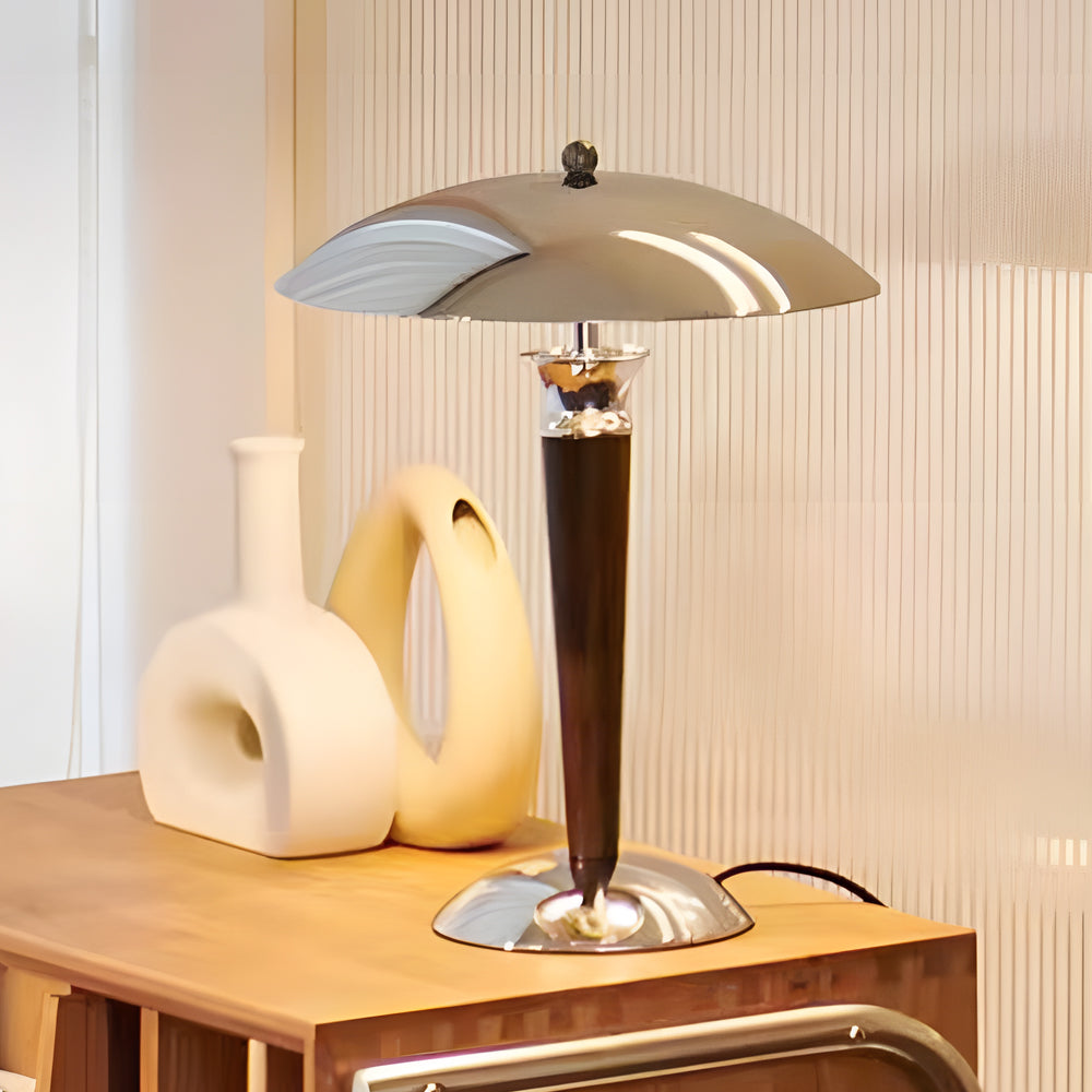 Paquebot - Vintage Chrome Iron Table Lamp with Mushroom Shade and 3-Position Wooden Dimmer