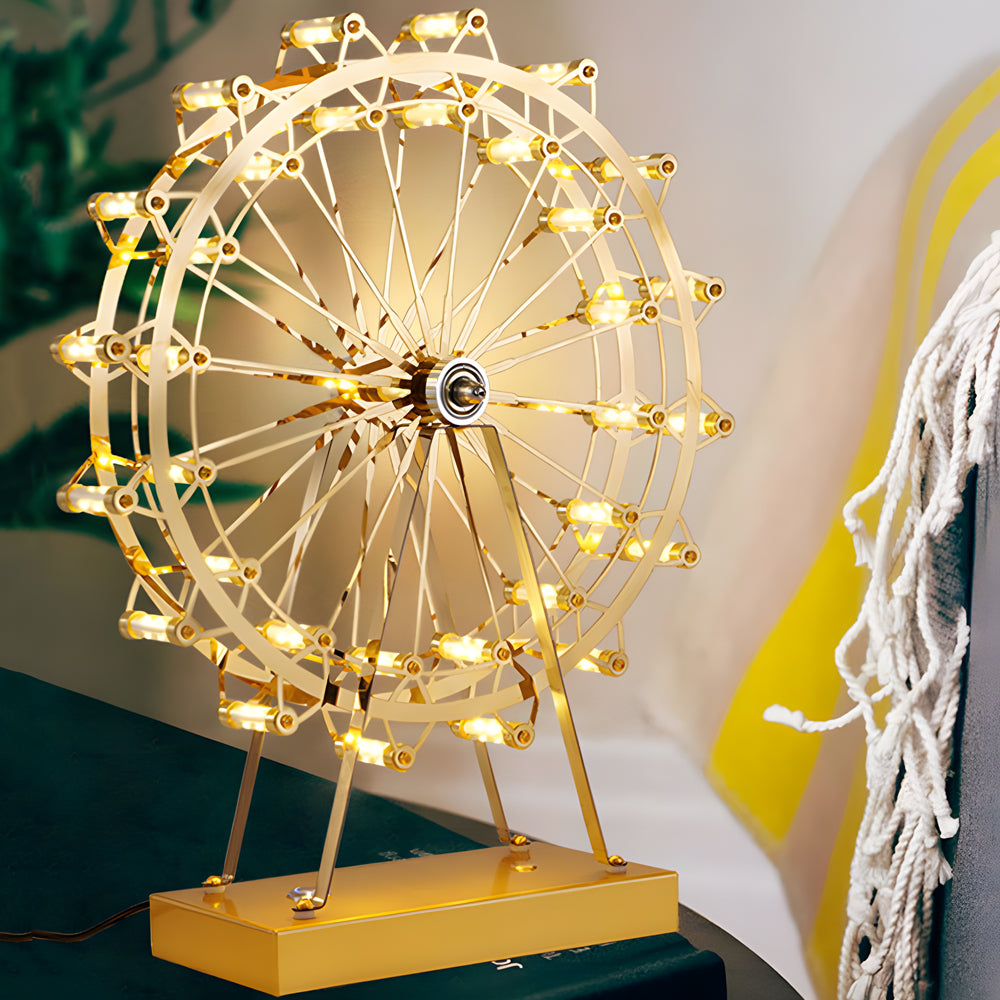 LumiFerris - Gold Iron Table Lamp with Ferris Wheel, Integrated LED and Touch Switch