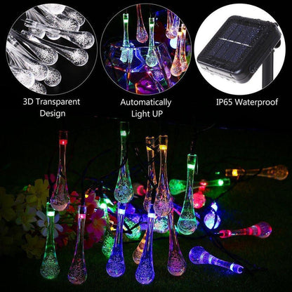 Outdoor Solar String Lights, Garden Decor LED Water Drop Waterproof Lights