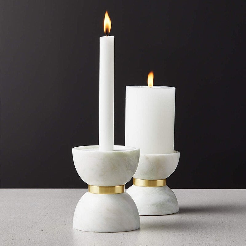 Colette Hourglass White Marble Brass Candle Holders