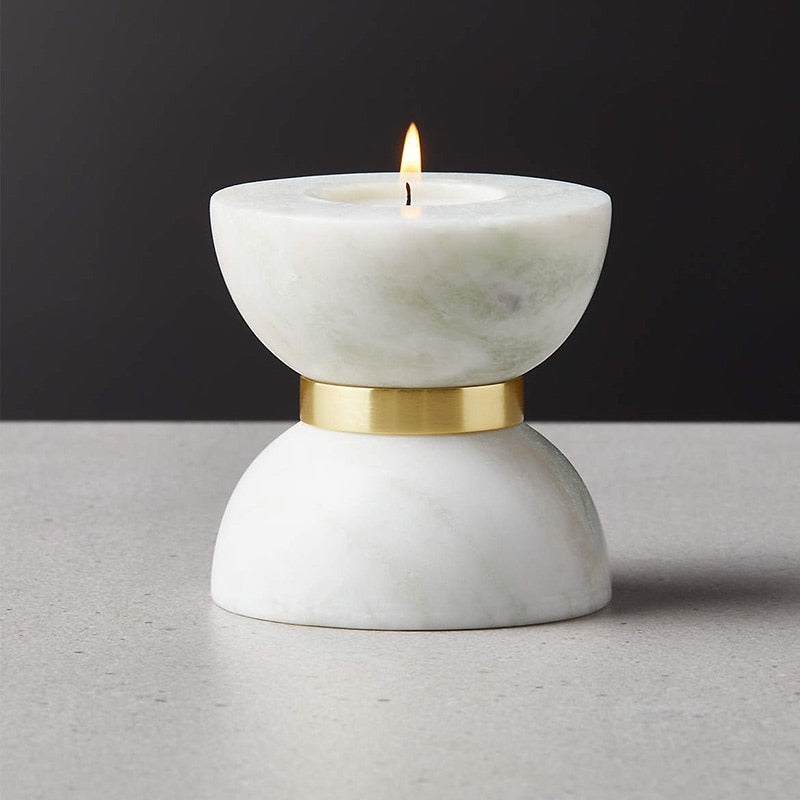 Miravique Hourglass White Marble Brass Candle Holders