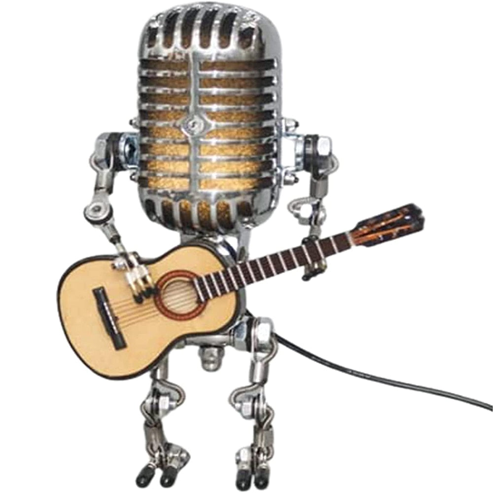 Vintage Microphone Robot With Guitar Lamp