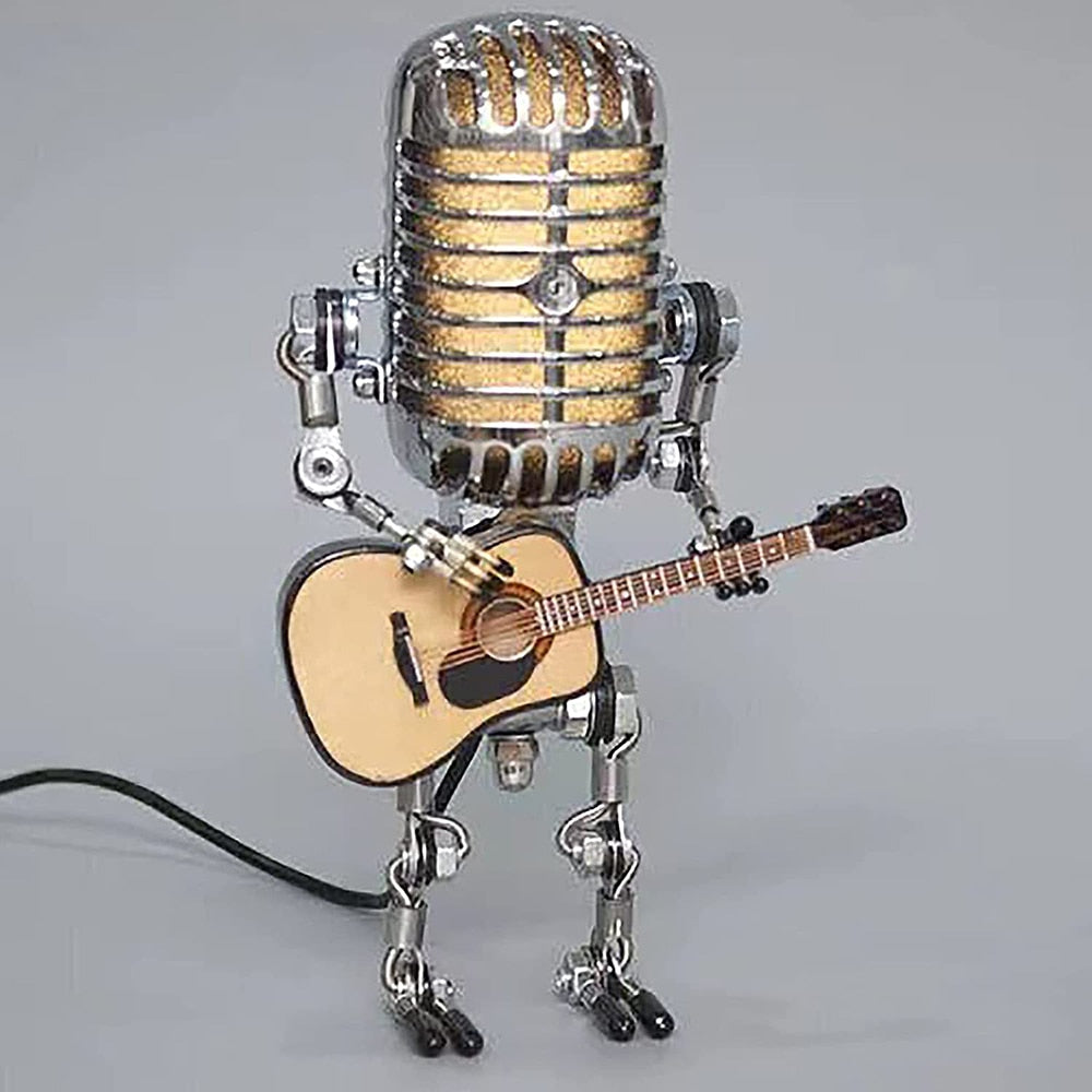 Vintage Microphone Robot With Guitar Lamp