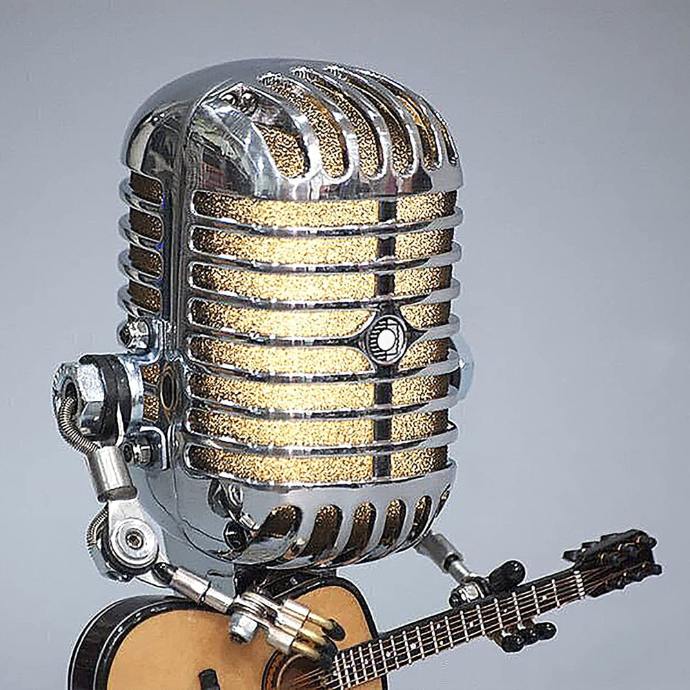 Vintage Microphone Robot With Guitar Lamp