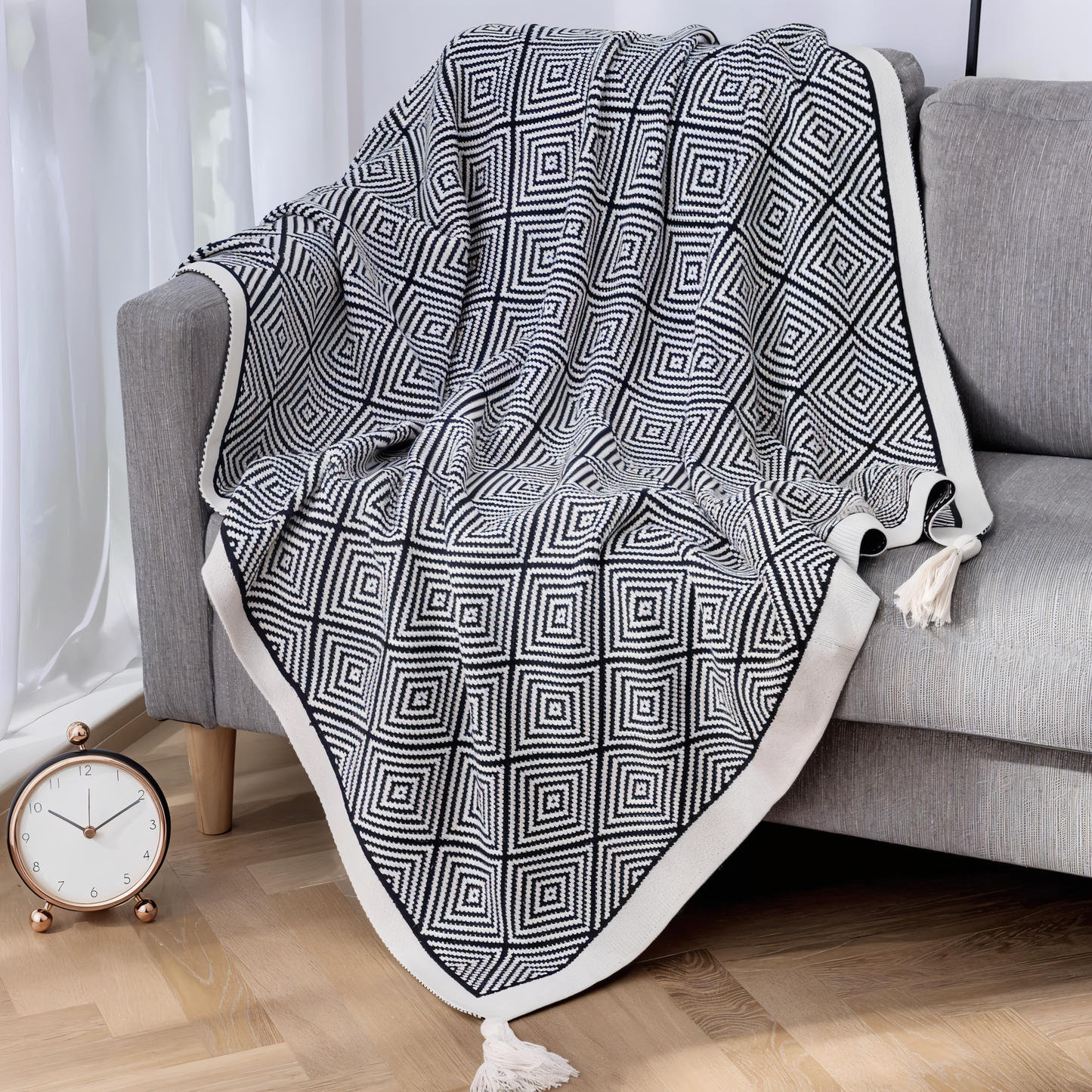 DecoDiamond Plaid - Black White Geometric Polyester Fleece Blanket