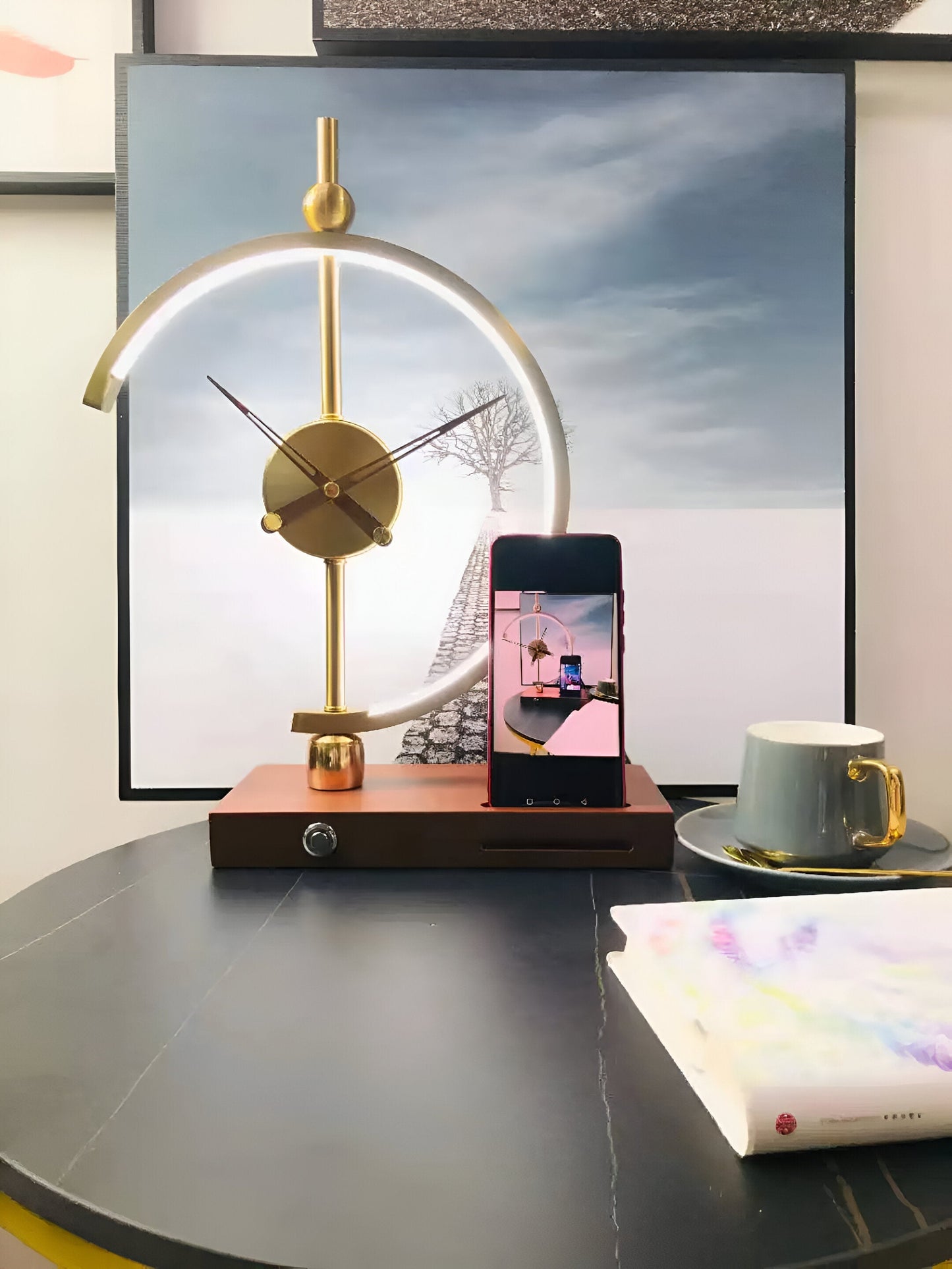 GLux Clock - LED Table Lamp Golden Time - Geometric Qi Wireless Charger & Clock