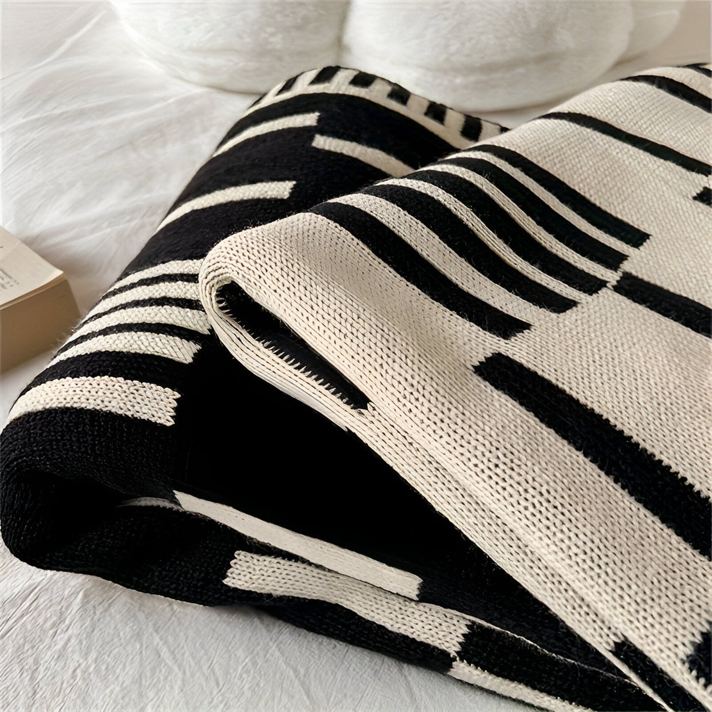 Neutral Dash Plaid - Black Beige Acrylic Fleece Blanket - Knit Bed Throw