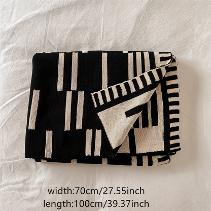 Neutral Dash Plaid - Black Beige Acrylic Fleece Blanket - Knit Bed Throw