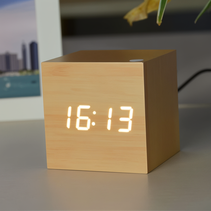 Digital LED Alarm Cube Clock – Bamboo & Wood Modern Design for Home & Office