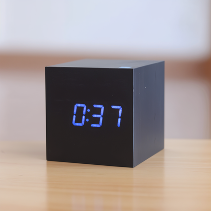 Digital LED Alarm Cube Clock – Bamboo & Wood Modern Design for Home & Office