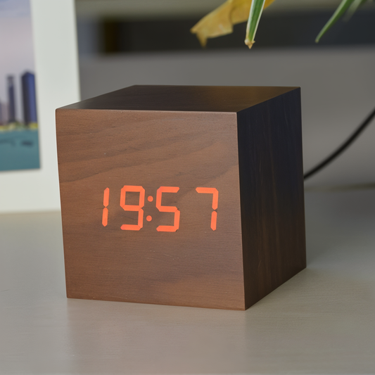 Digital LED Alarm Cube Clock – Bamboo & Wood Modern Design for Home & Office