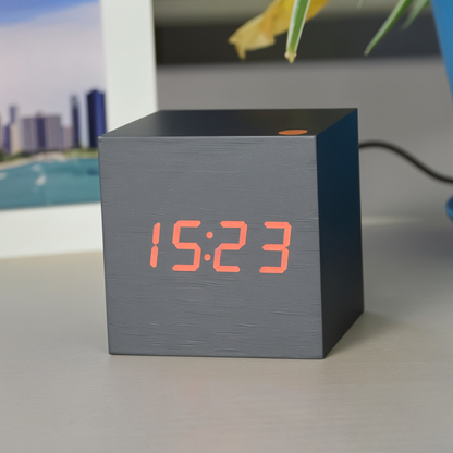 Digital LED Alarm Cube Clock – Bamboo & Wood Modern Design for Home & Office