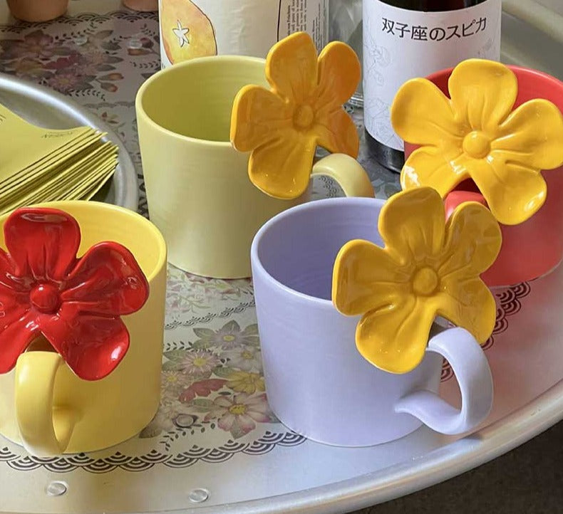 Retro Ceramic Flower Coffee Mugs with Big Flower Handgrid