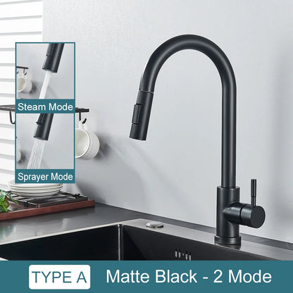 Sleek Black Kitchen Faucet: Flexible Pull-Out Nozzle with Dual Modes