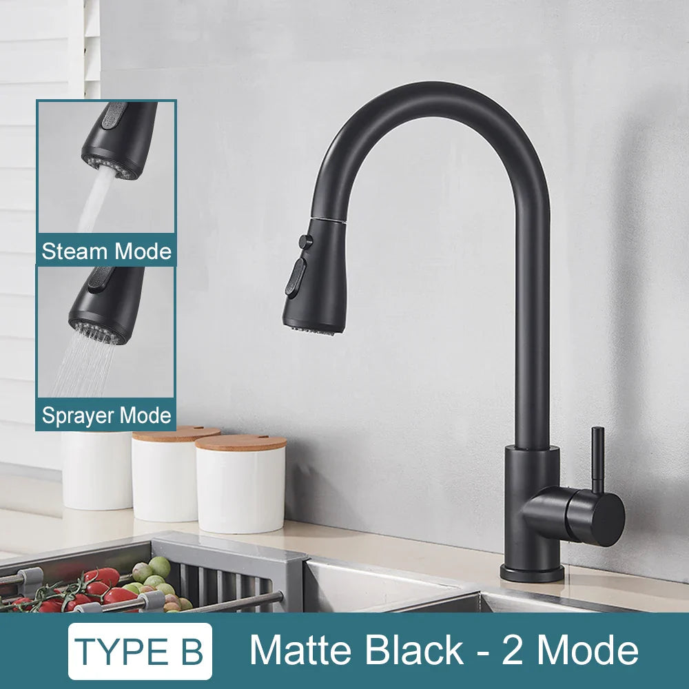 Sleek Black Kitchen Faucet: Flexible Pull-Out Nozzle with Dual Modes