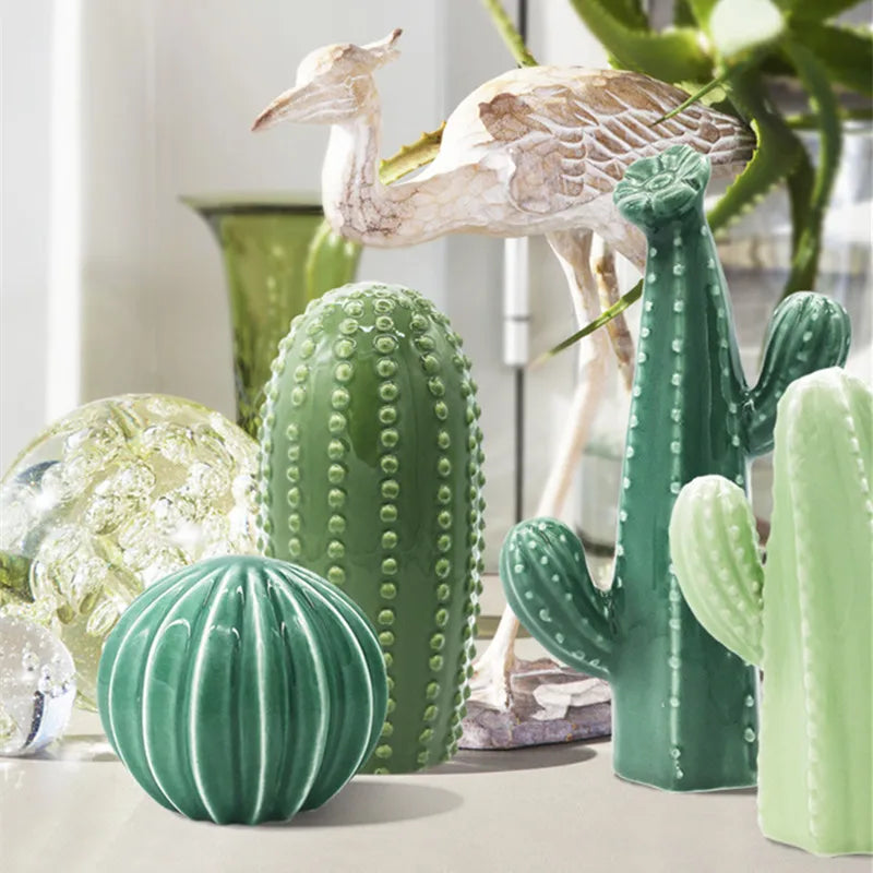 Hand-Crafted Green Ceramic Cactus Sculpture