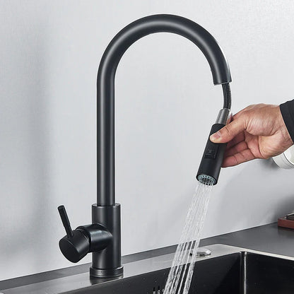 Sleek Black Kitchen Faucet: Flexible Pull-Out Nozzle with Dual Modes