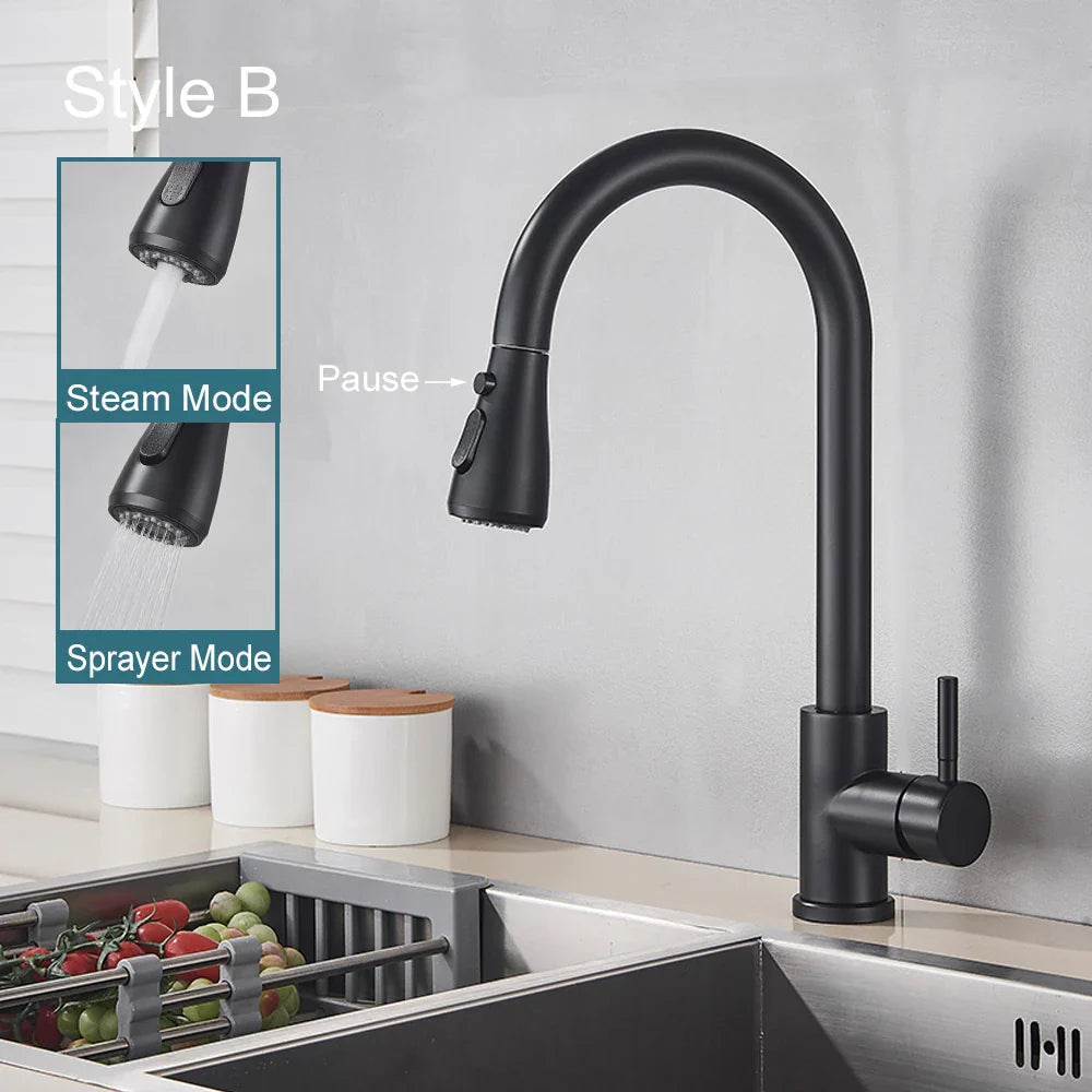 Sleek Black Kitchen Faucet: Flexible Pull-Out Nozzle with Dual Modes