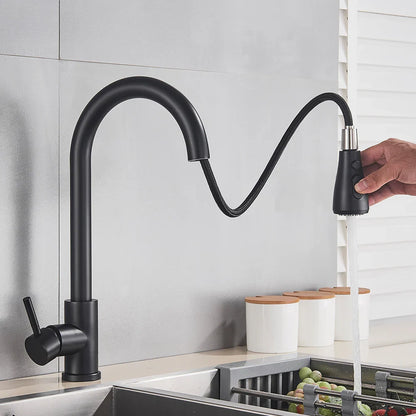 Sleek Black Kitchen Faucet: Flexible Pull-Out Nozzle with Dual Modes