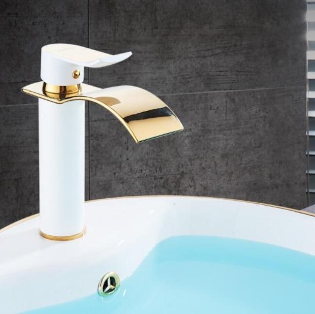 Brass Gold & White Waterfall Luxury Bathroom Faucet - Contemporary Deck Mounted Single Handle Basin Faucet