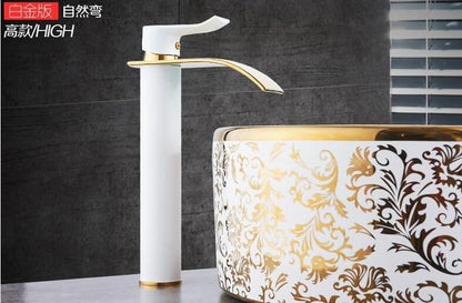 Brass Gold & White Waterfall Luxury Bathroom Faucet - Contemporary Deck Mounted Single Handle Basin Faucet