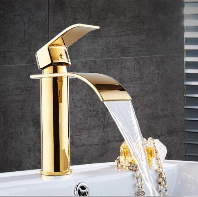 Brass Gold & White Waterfall Luxury Bathroom Faucet - Contemporary Deck Mounted Single Handle Basin Faucet