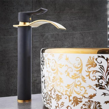 Brass Gold & White Waterfall Luxury Bathroom Faucet - Contemporary Deck Mounted Single Handle Basin Faucet