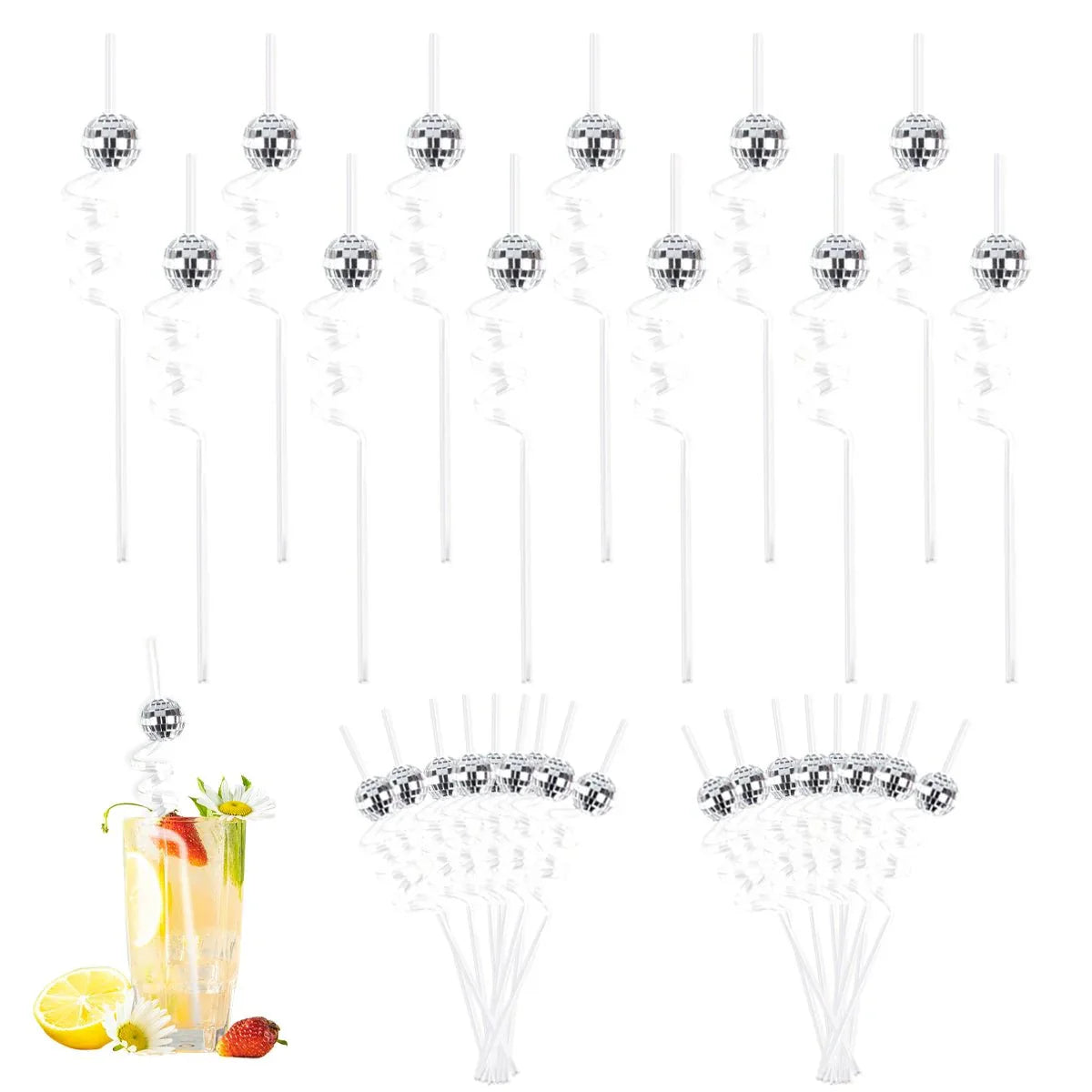 Eight Piece Set Of Sparkling Disco Ball Straws