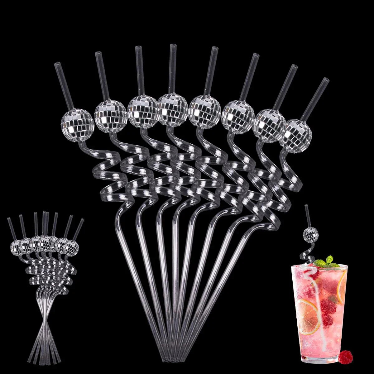 Eight Piece Set Of Sparkling Disco Ball Straws