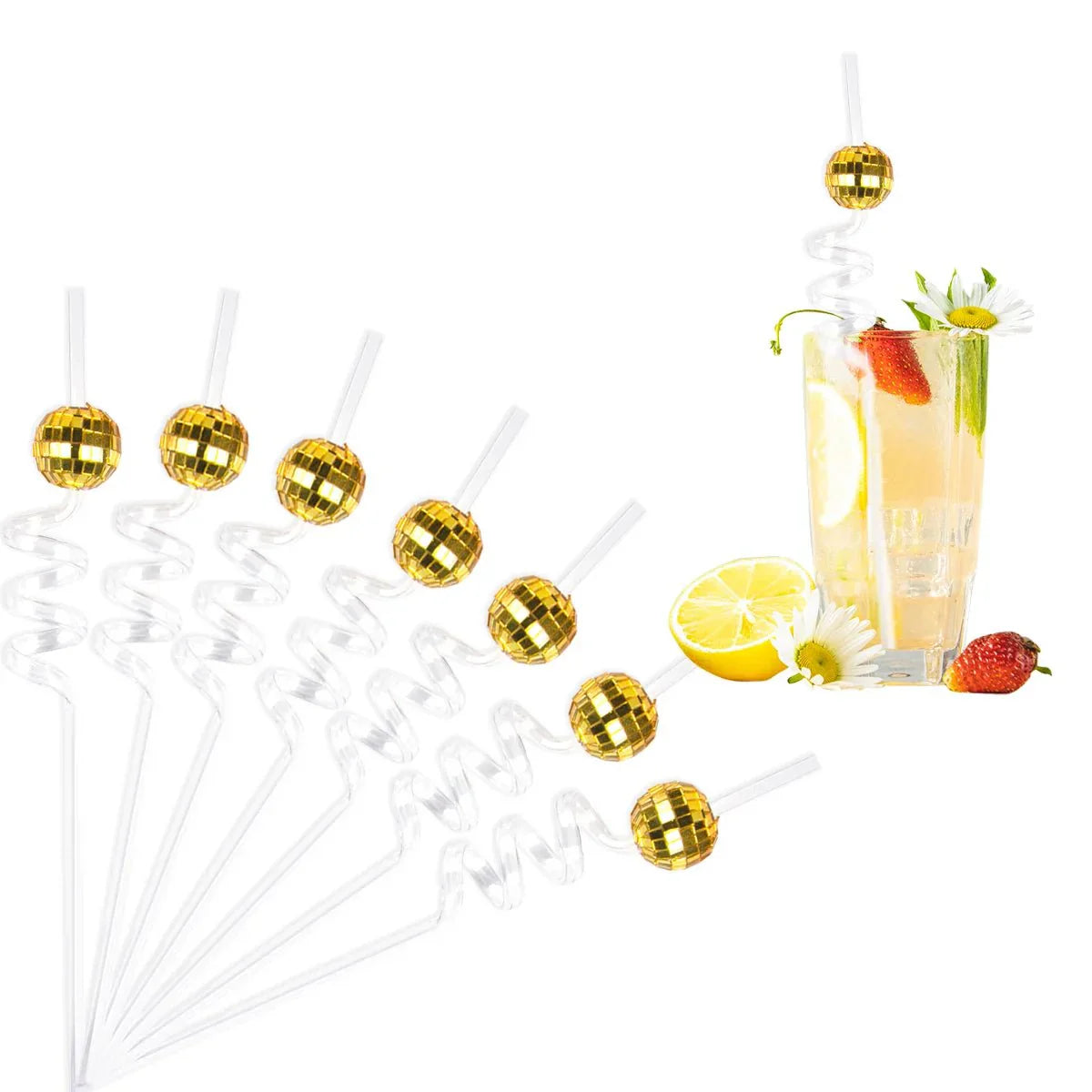 Eight Piece Set Of Sparkling Disco Ball Straws