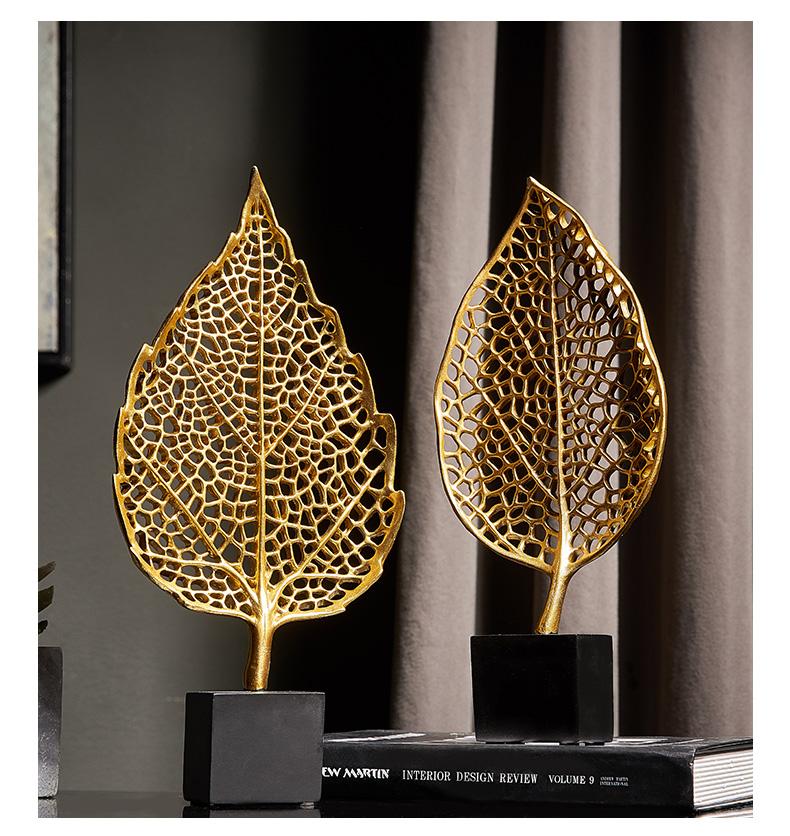 Golden Botanical Leaf Sculpture on Stand