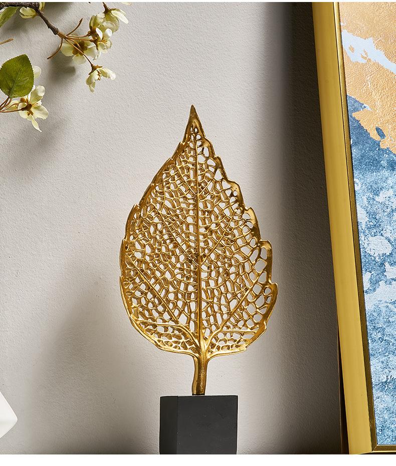 Golden Botanical Leaf Sculpture on Stand