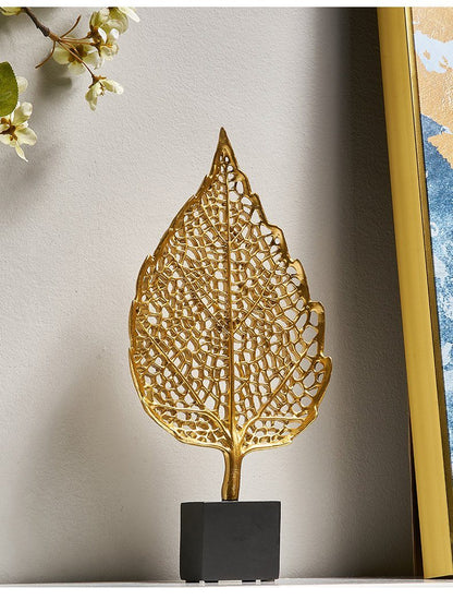 Golden Botanical Leaf Sculpture on Stand