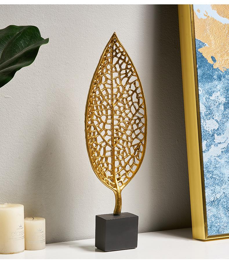 Golden Botanical Leaf Sculpture on Stand