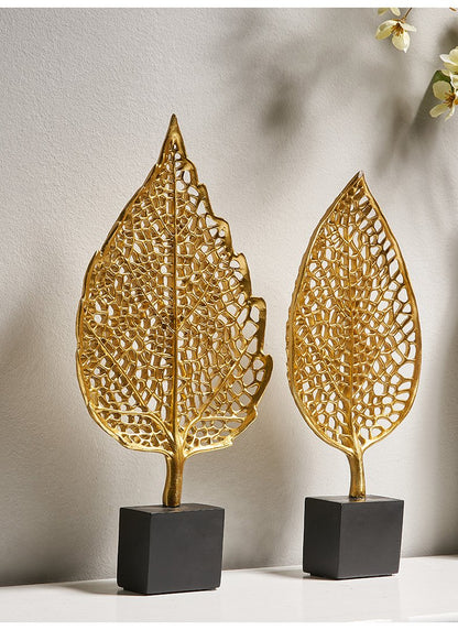 Golden Botanical Leaf Sculpture on Stand