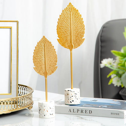 Golden Botanical Leaf Sculpture on Stand