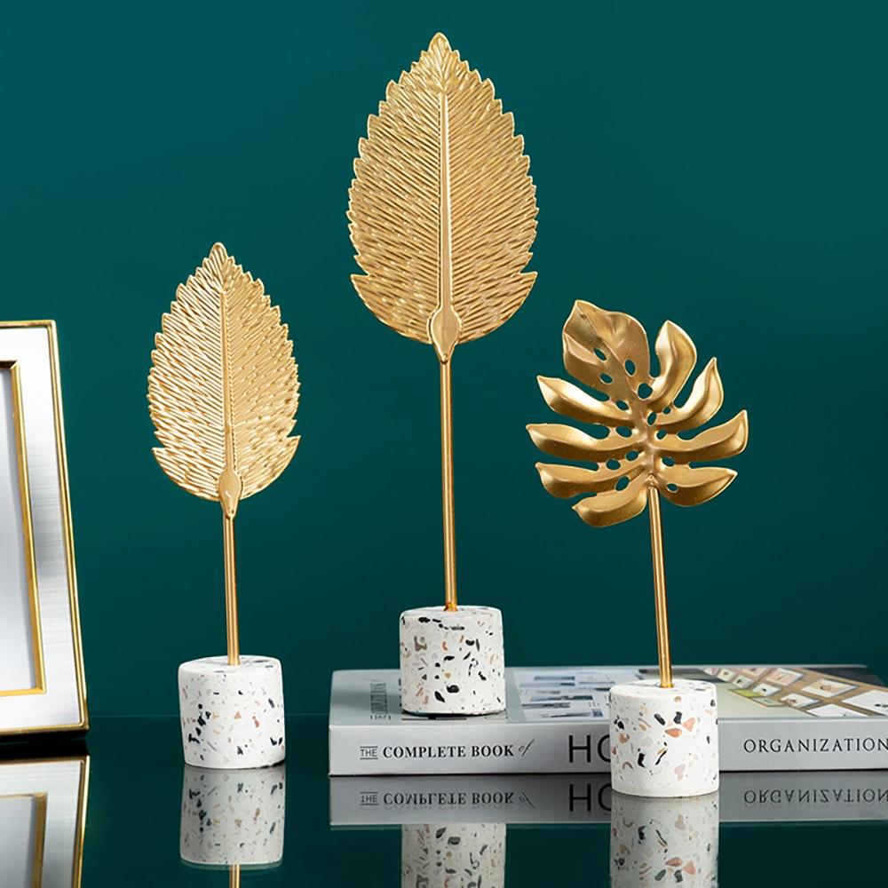 Golden Botanical Leaf Sculpture on Stand