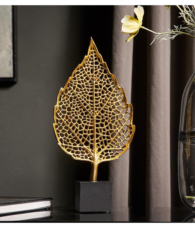 Golden Botanical Leaf Sculpture on Stand